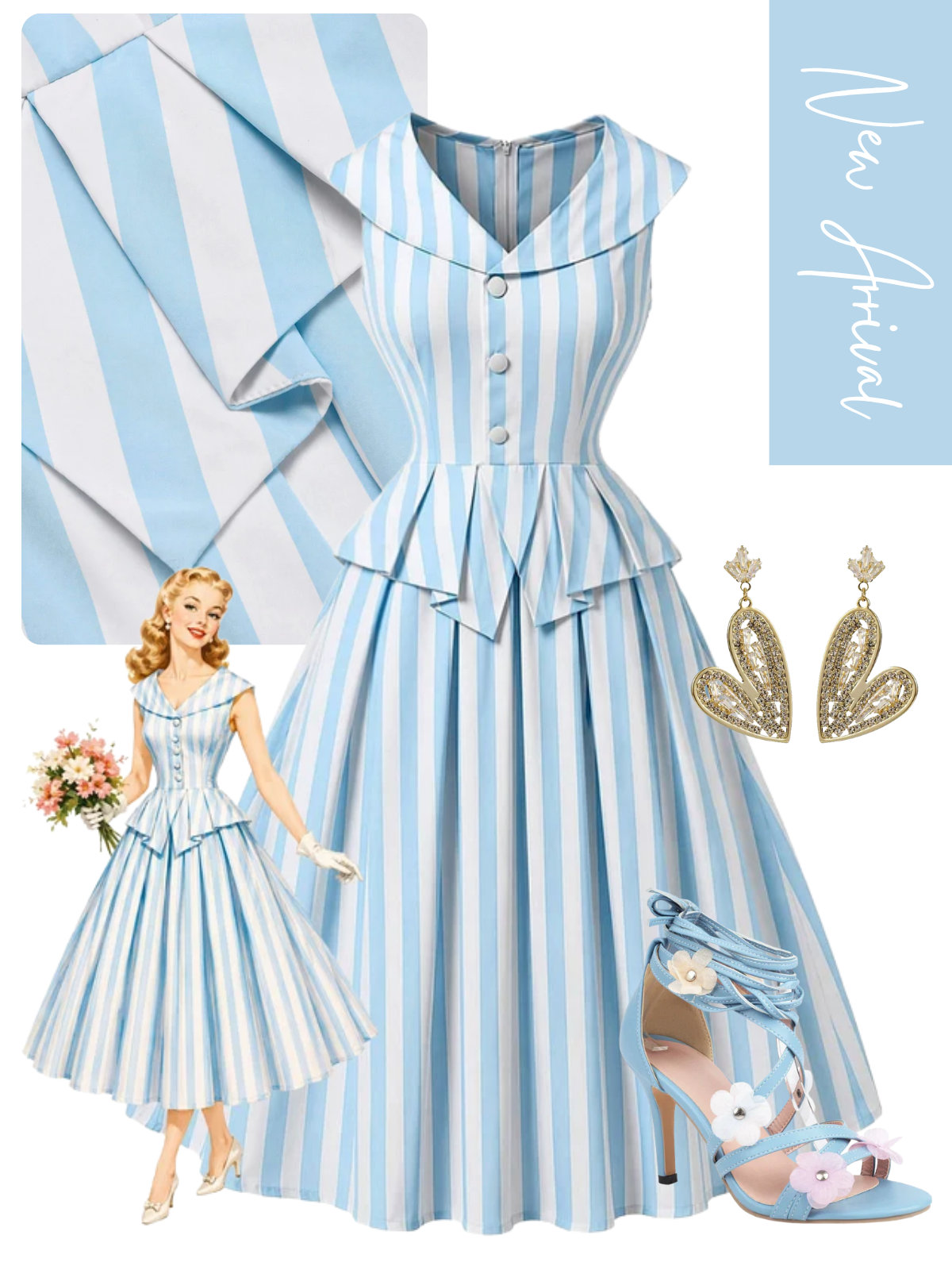 [Pre-Sale] Blue 1950s Striped Shawl Collar Faux Two Piece Dress