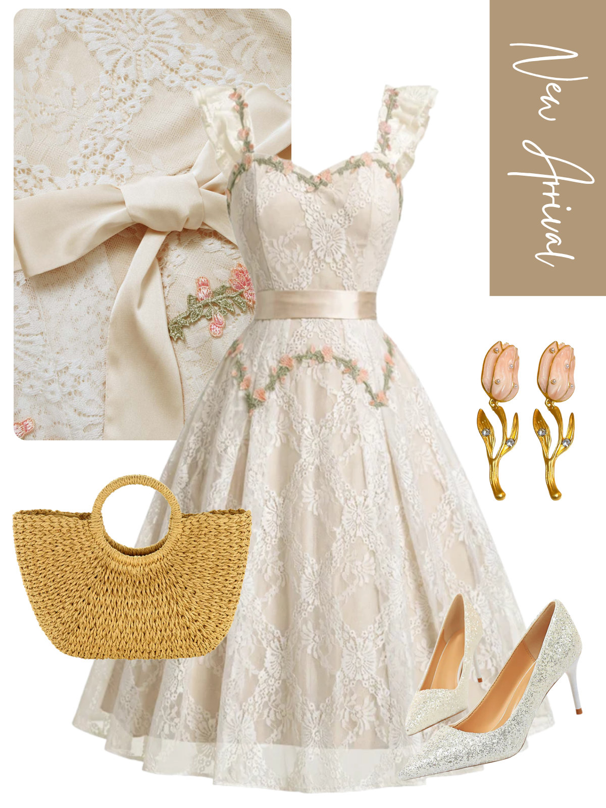 [Pre-Sale] Beige 1950s Sweetheart Ruffled Floral Embroidered Lace Dress