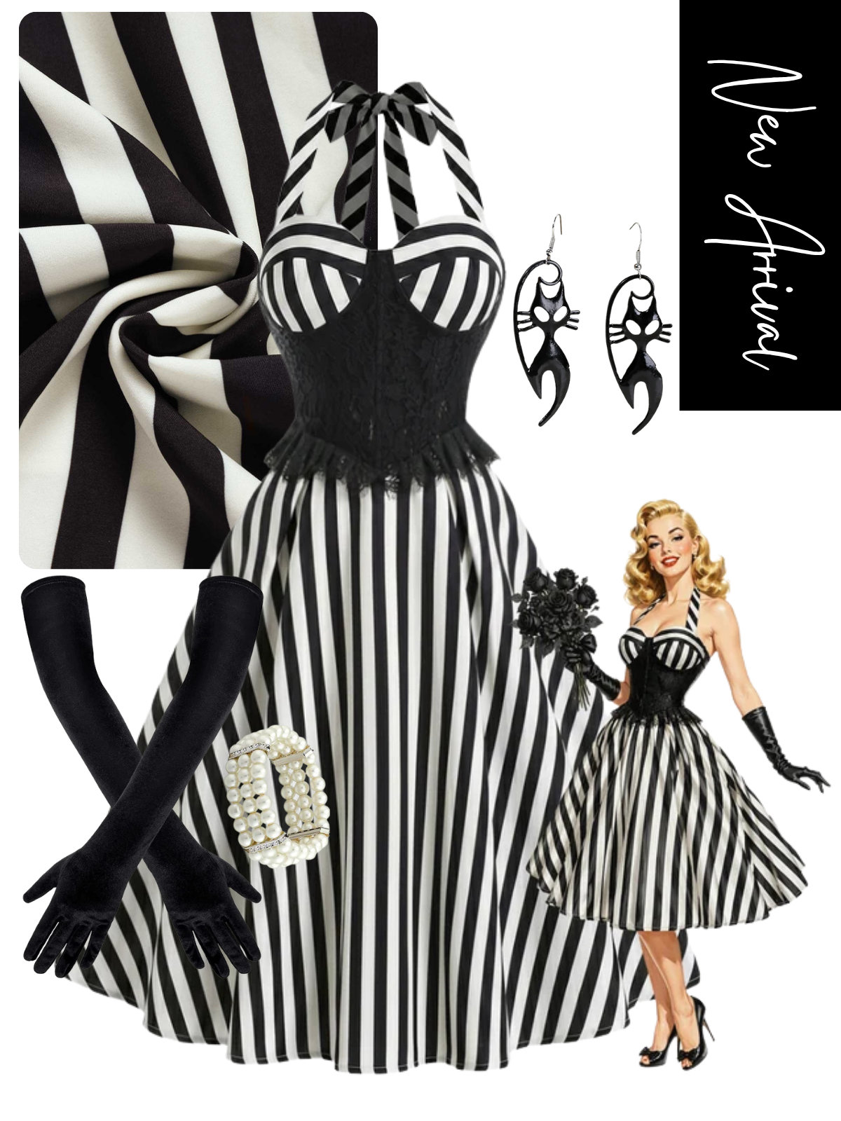 [Pre-Sale] Black 1950s Lace Panel Striped Halter Swing Dress