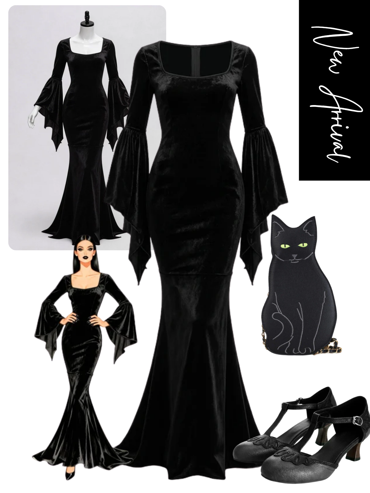 Black 1930s Wednesday Morticia-Inspired Velvet Bell Sleeves Mermaid Dress