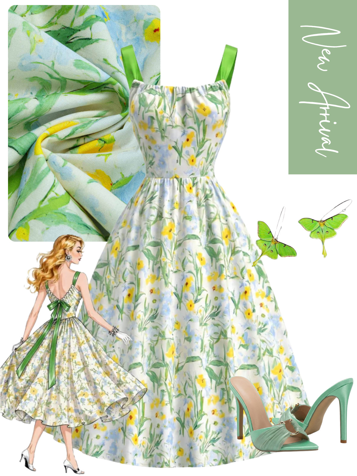 [Pre-Sale] Chartreuse 1950s Floral Contrast Green Ribbon Back Bow Dress