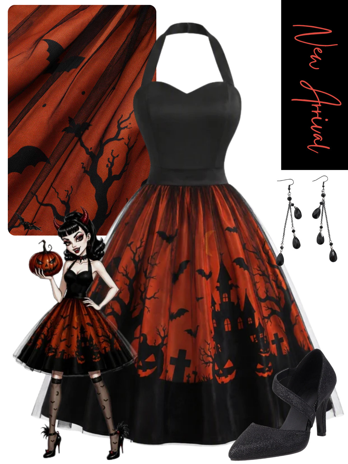 [Pre-Sale] Black 1950s Halter Sweetheart Neck Tulle Halloween Dress