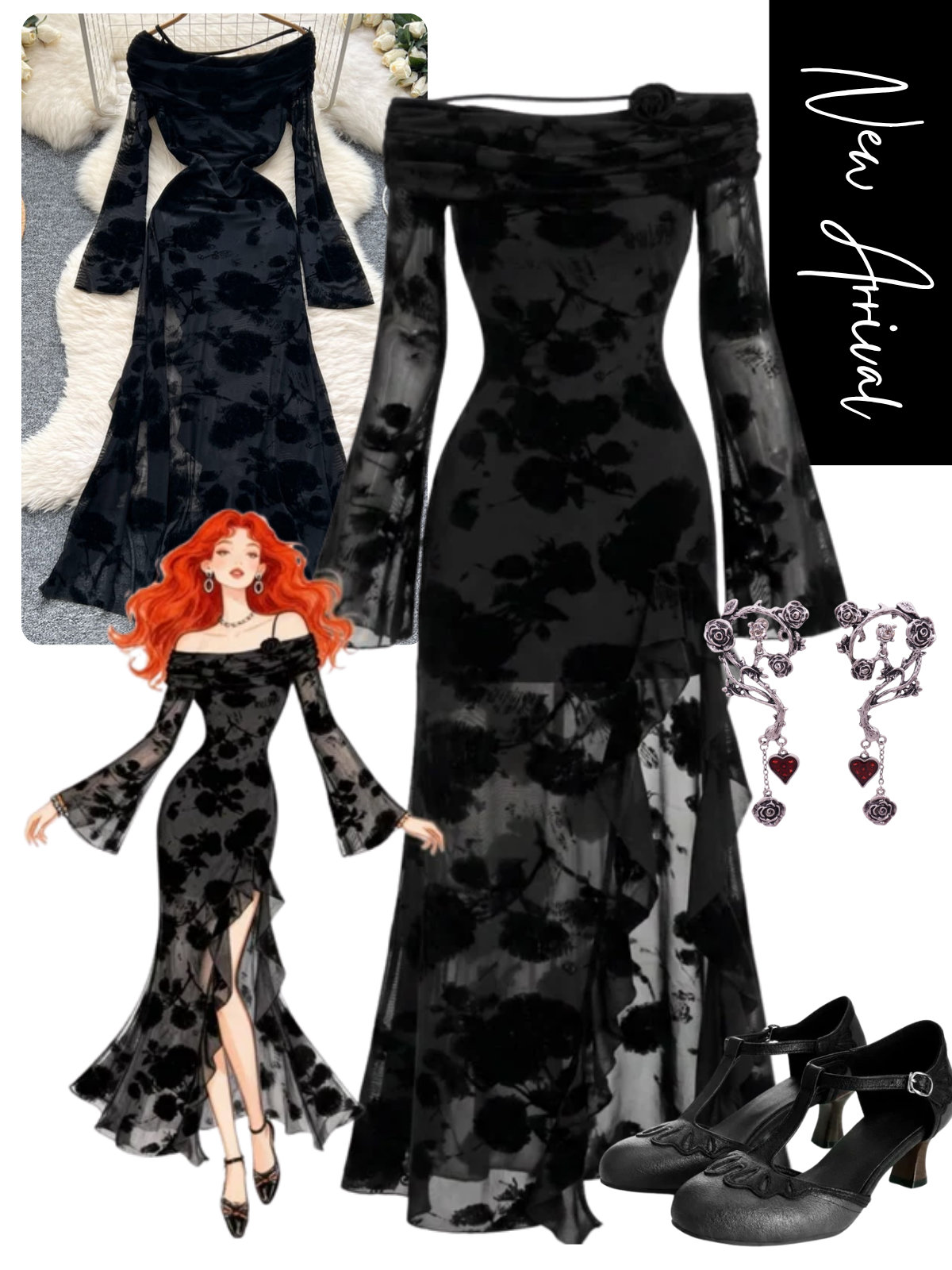 Black 1930s Gothic Floral Off-Shoulder Slit Mesh Dress
