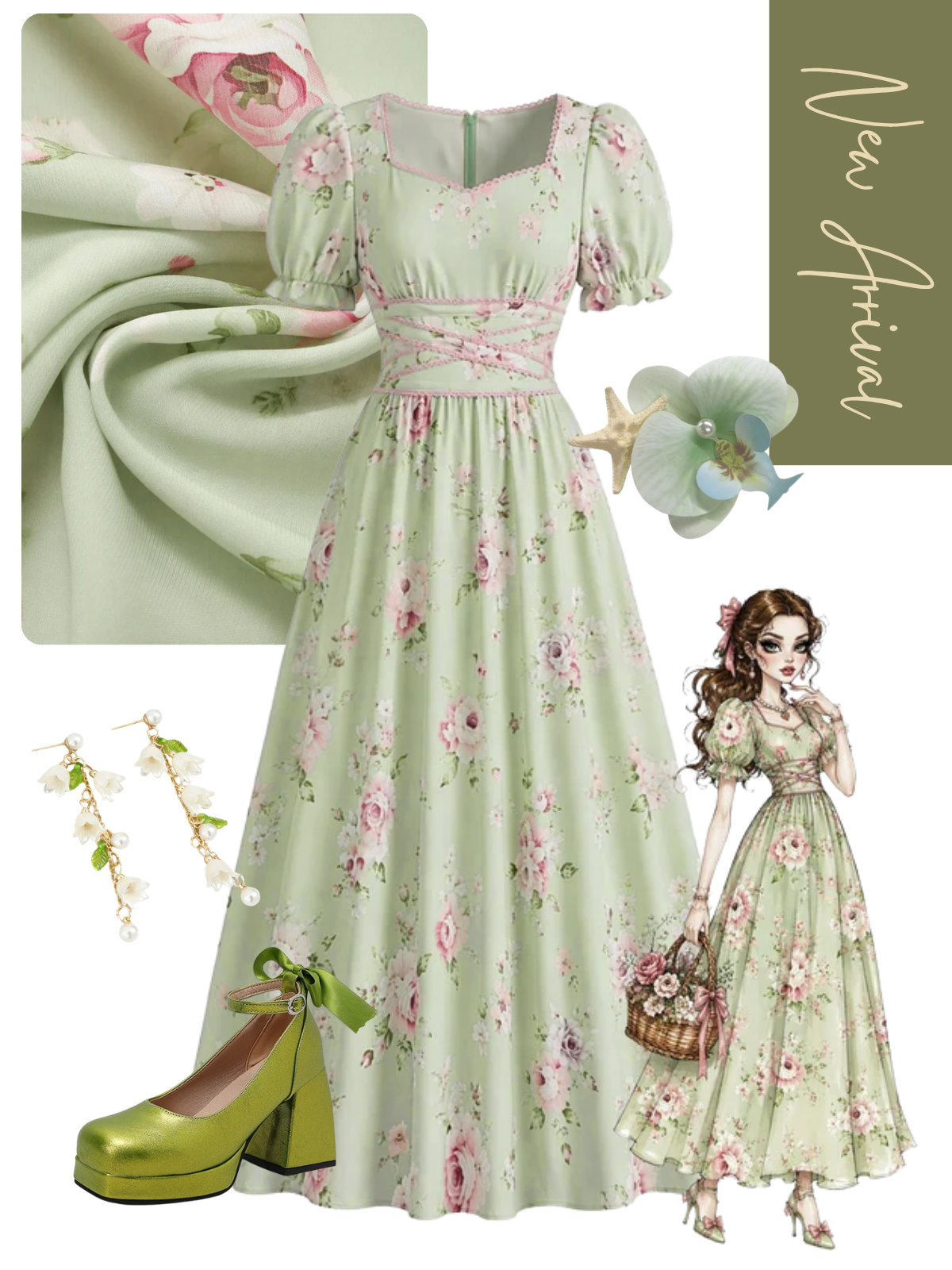 [Pre-Sale] 1930s Sweetheart Neck Cottagecore Rose Puff Sleeve Dress