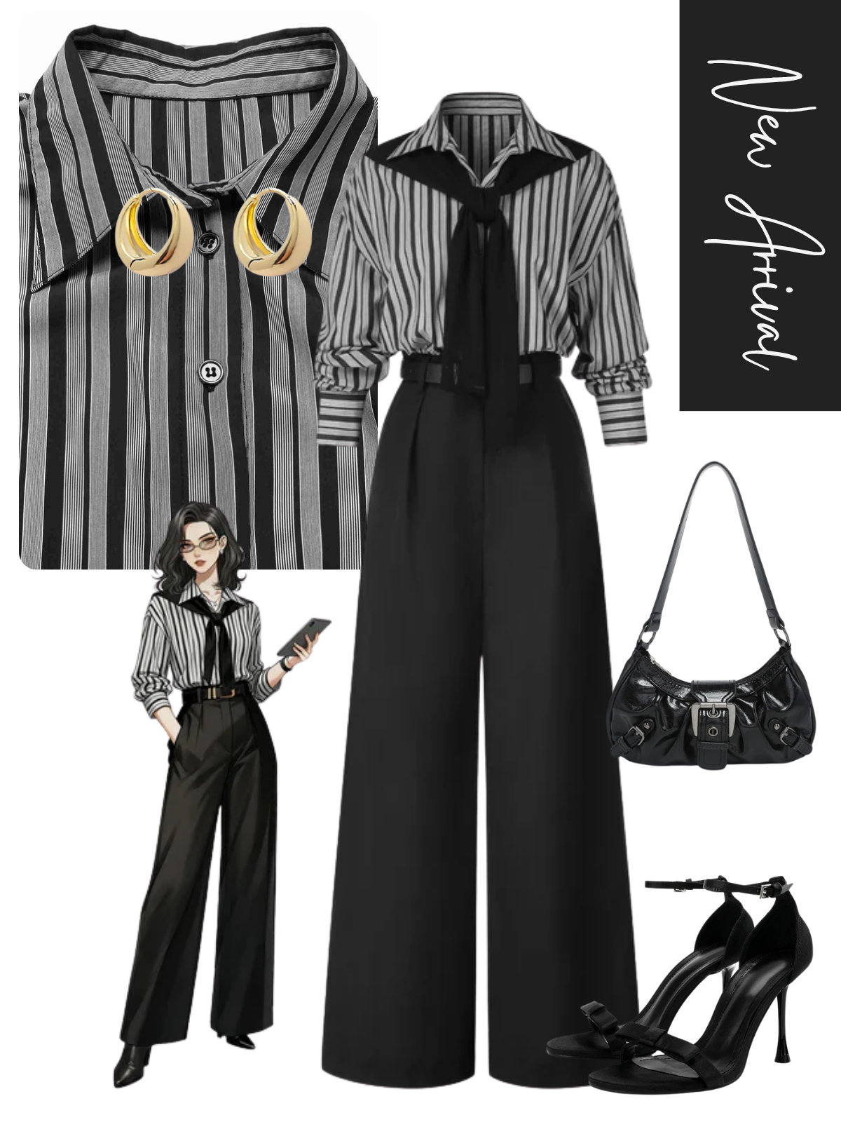 [Pre-Sale] Black 1940s Shirt Collar Stripe Jumpsuit With Cape