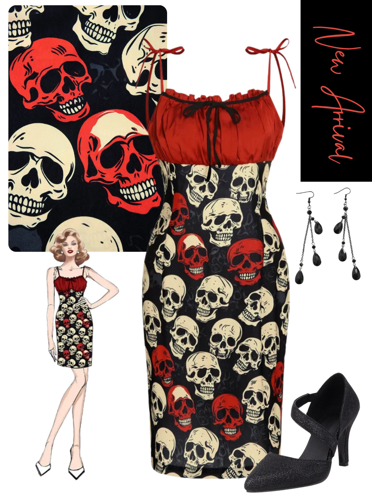 [Pre-Sale] Red 1960s Halloween Skull Strap Dress