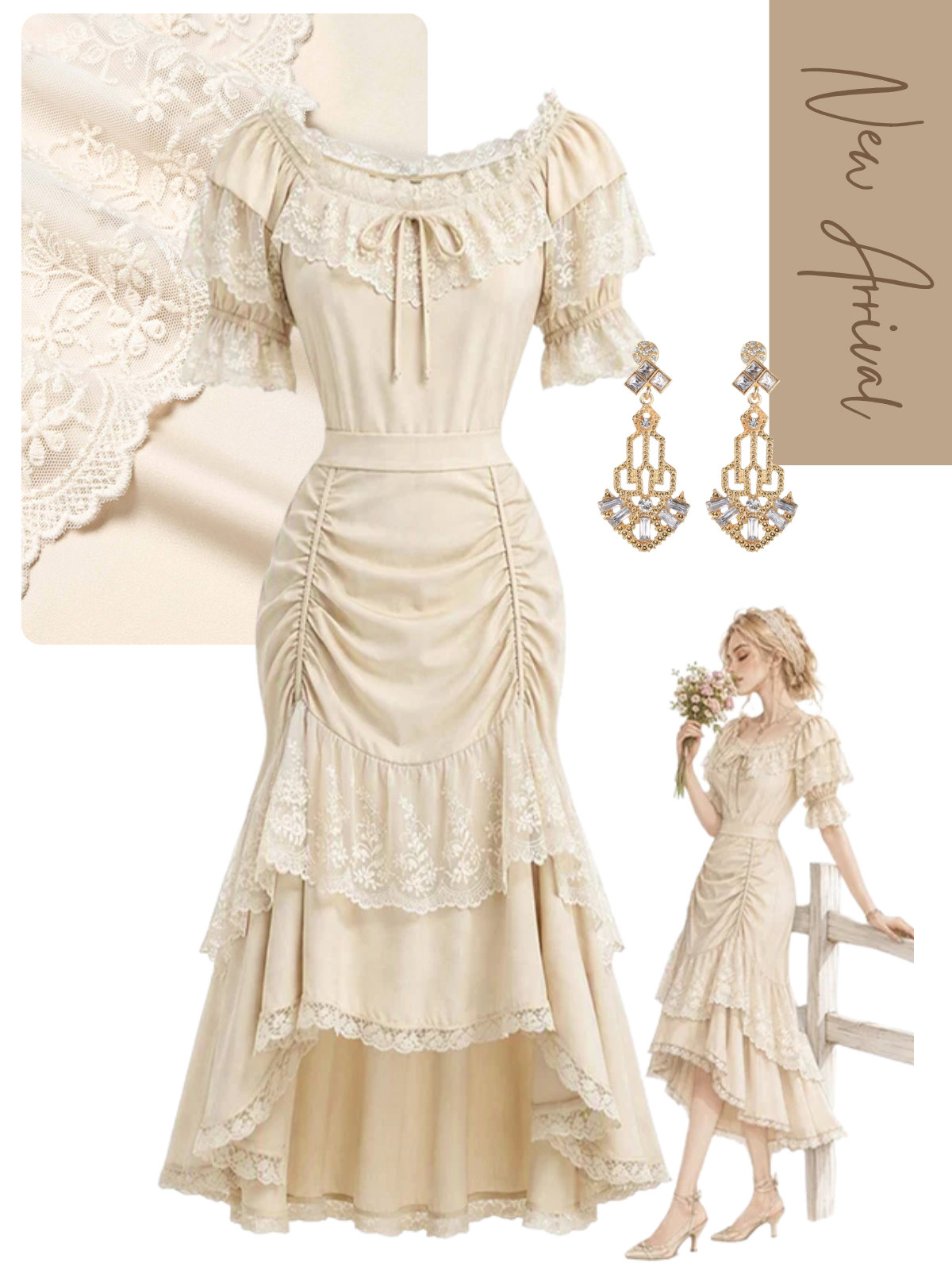 [Pre-Sale] 2PCS Beige 1970s Off‑Shoulder Lace Ruffle Top & Asymmetric Skirt