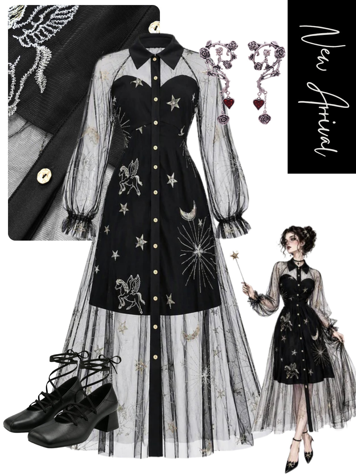 [Pre-Sale] Black Gold 1980s Lapel Celestial Print Mesh Dress