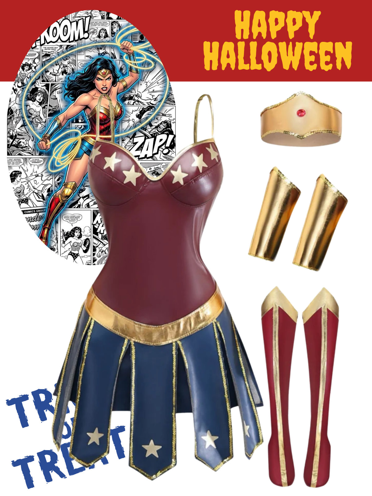 Multicolor 1980S Wonder Woman Superhero Star Cosplay Costume