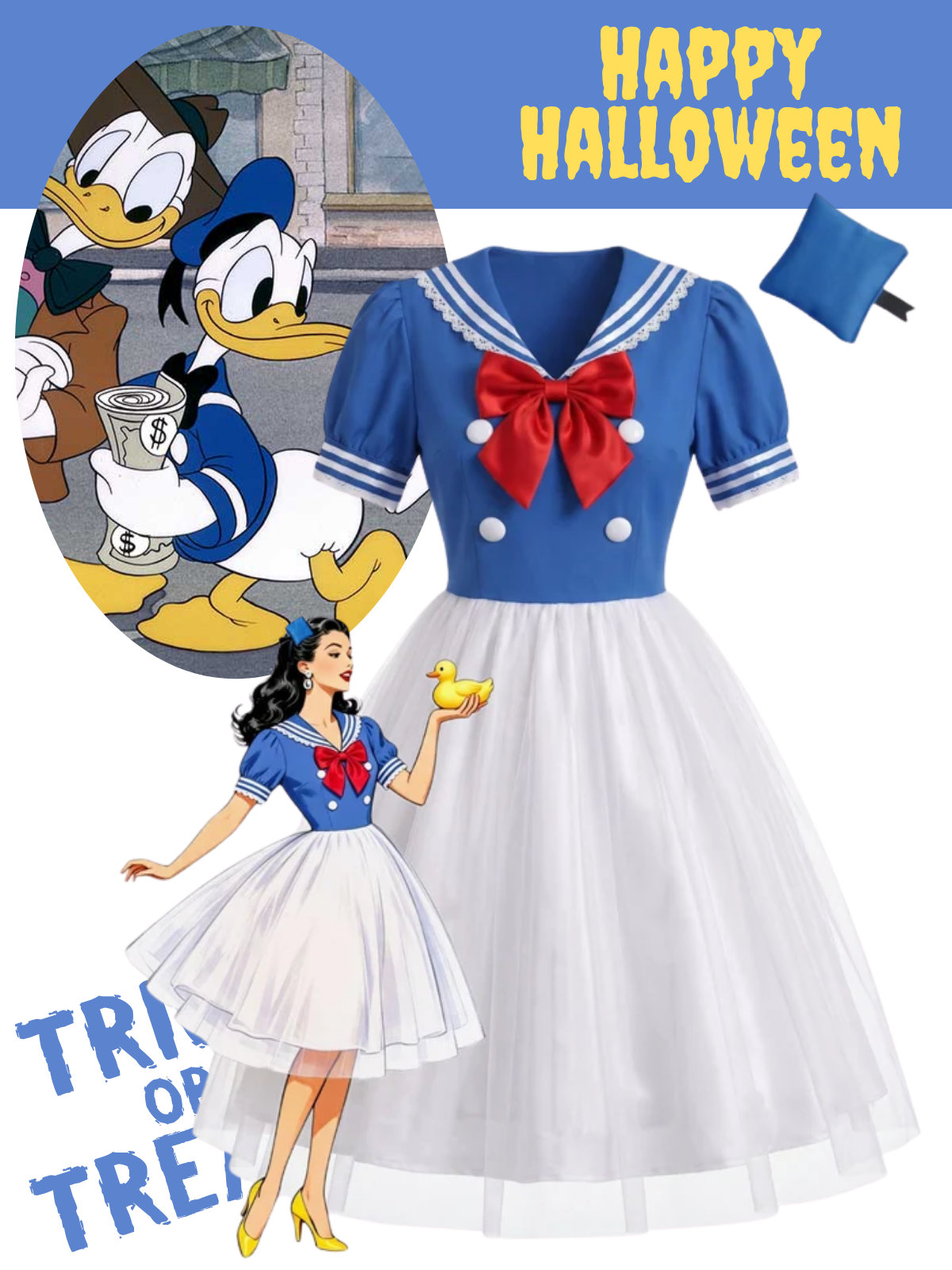 White & Blue 1950s Halloween Nautical Sailor Cosplay Dress Set