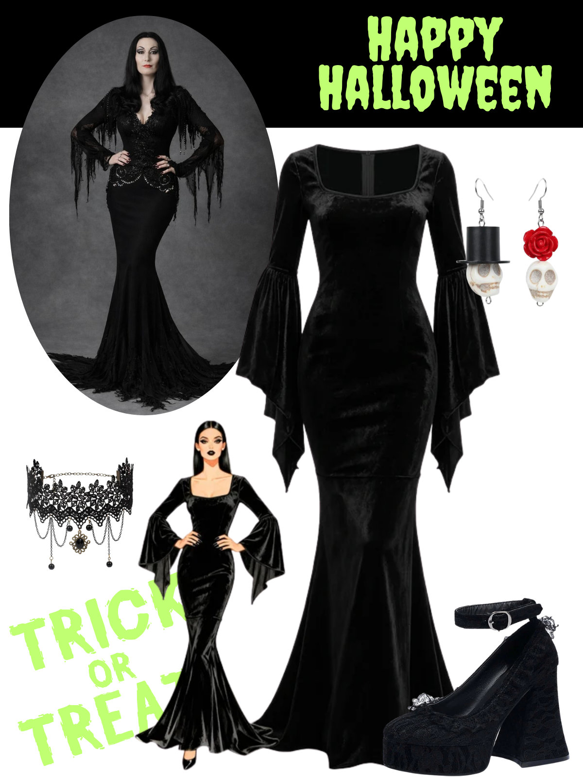 Black 1930s Wednesday Morticia-Inspired Velvet Bell Sleeves Mermaid Dress