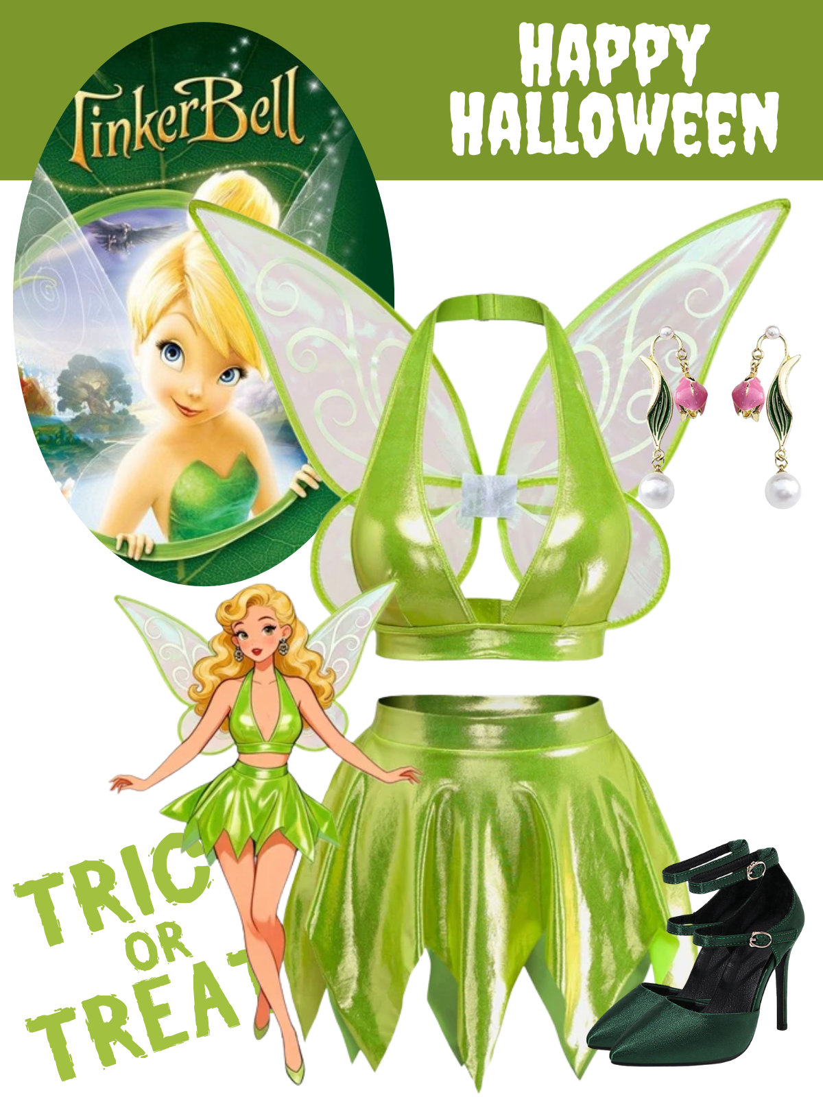 3PCS Green 1950s Fairy Princess Costume Set With Wings