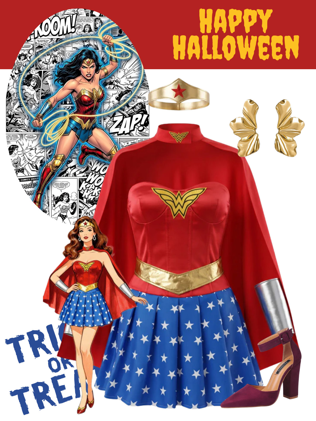 Multicolor 1980s Wonder Woman Complete Halloween Cosplay Costume