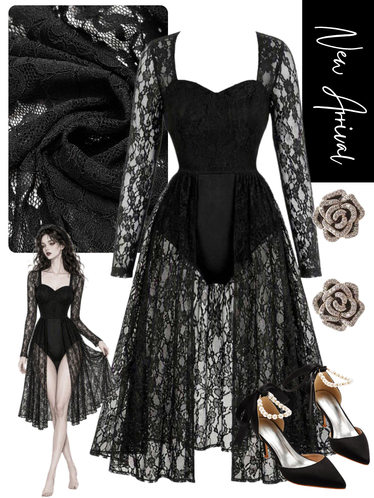 [Pre-Sale] Black 1950s Floral Lace Bodysuit Nightgown