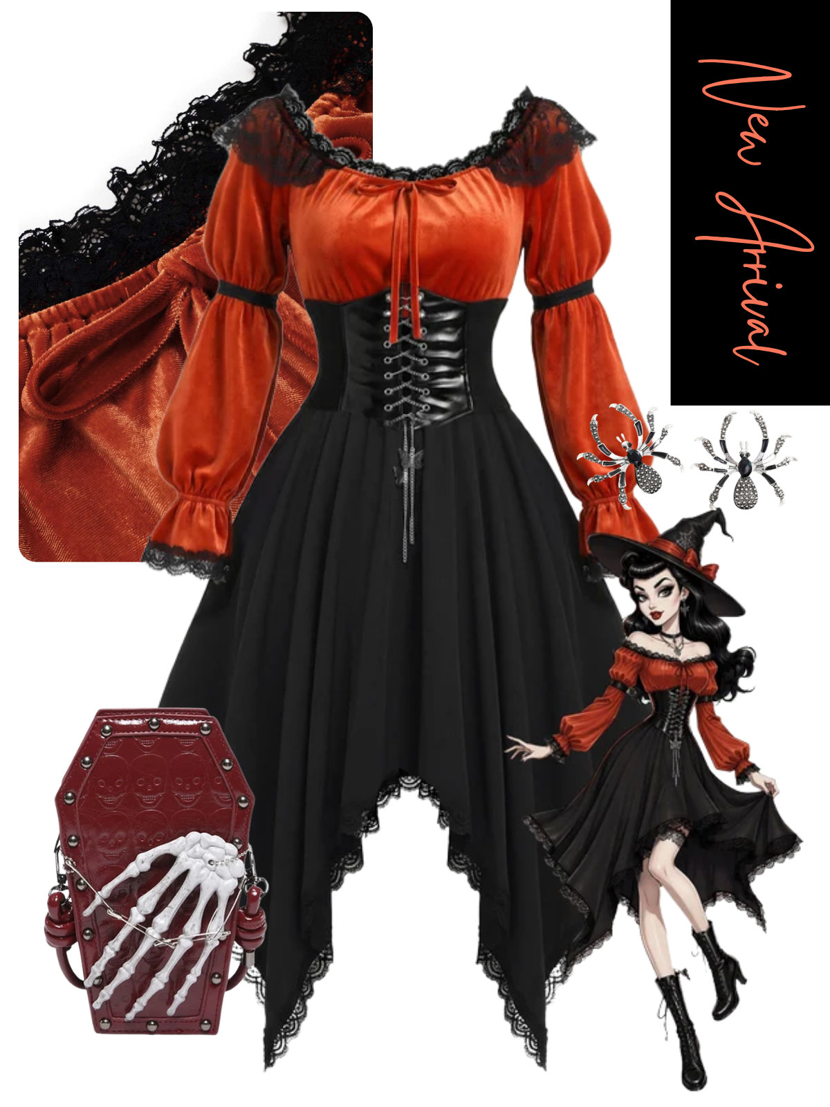 [Pre-Sale] 1970s Off Shoulder Top & Handkerchief Hem Skirt & Waist Cincher