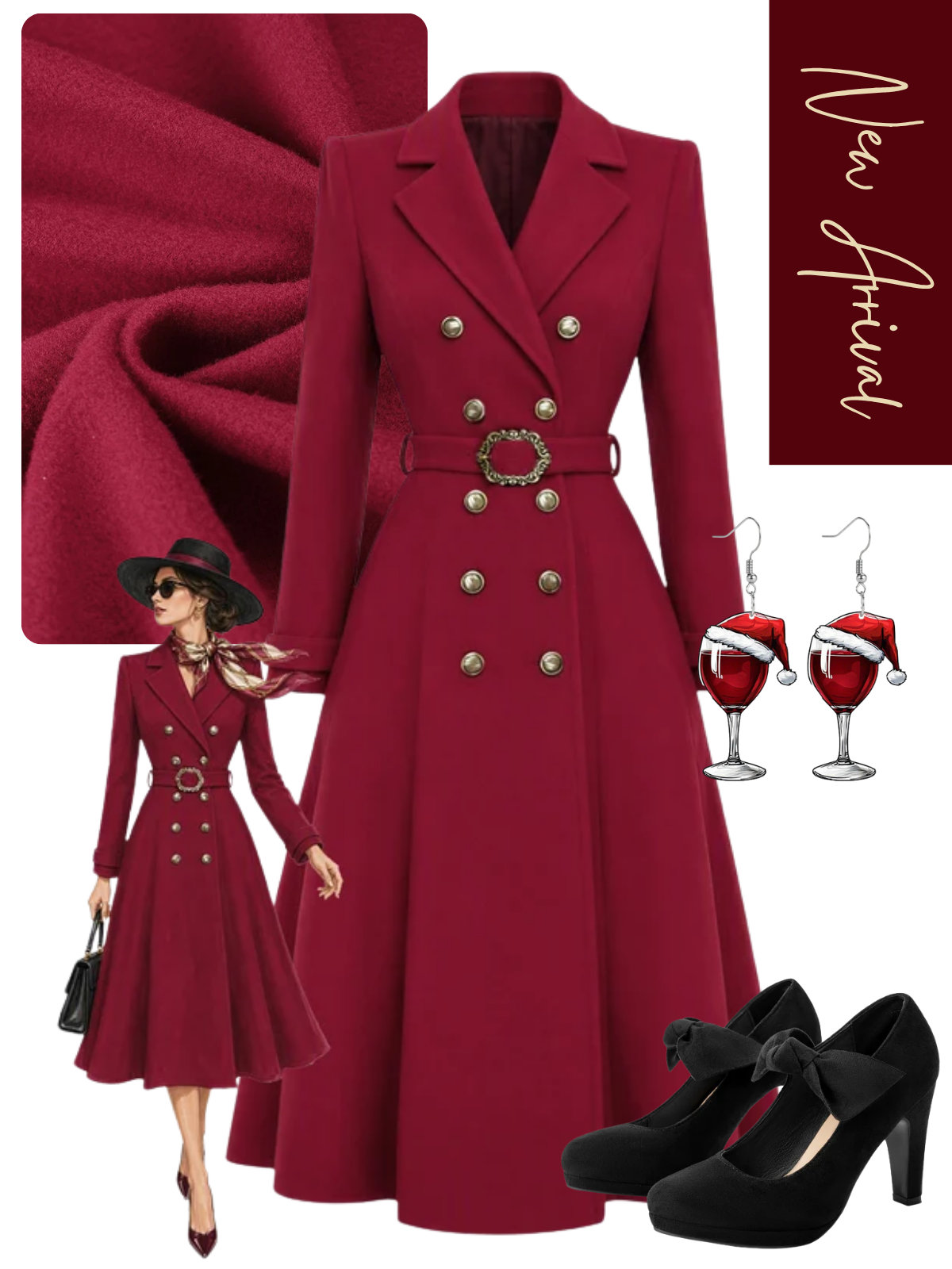 [Pre-Sale] Wine Red 1930s Double-Breasted Belted Coat