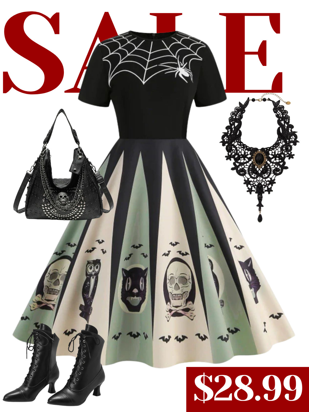 1950s Halloween Spider Web Print Patchwork Dress