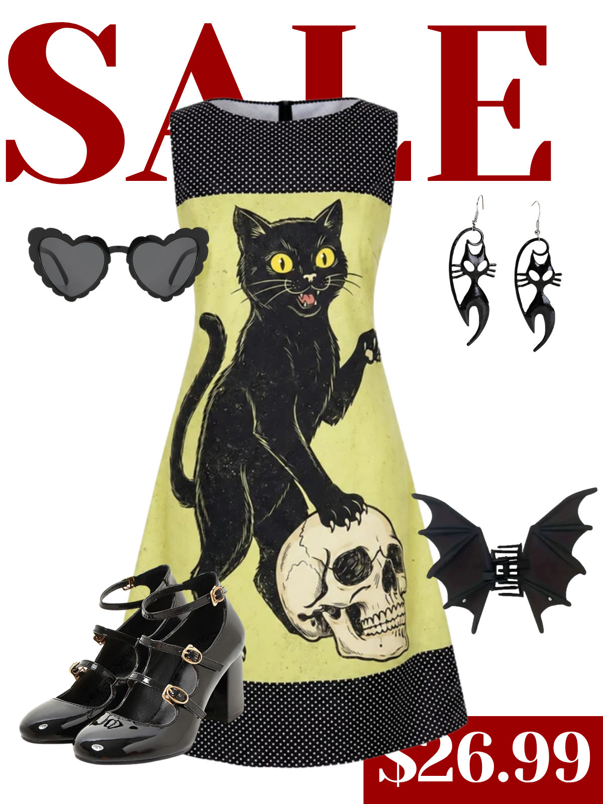 Yellow 1960s Cat Skull Sleeveless A-Line Dress