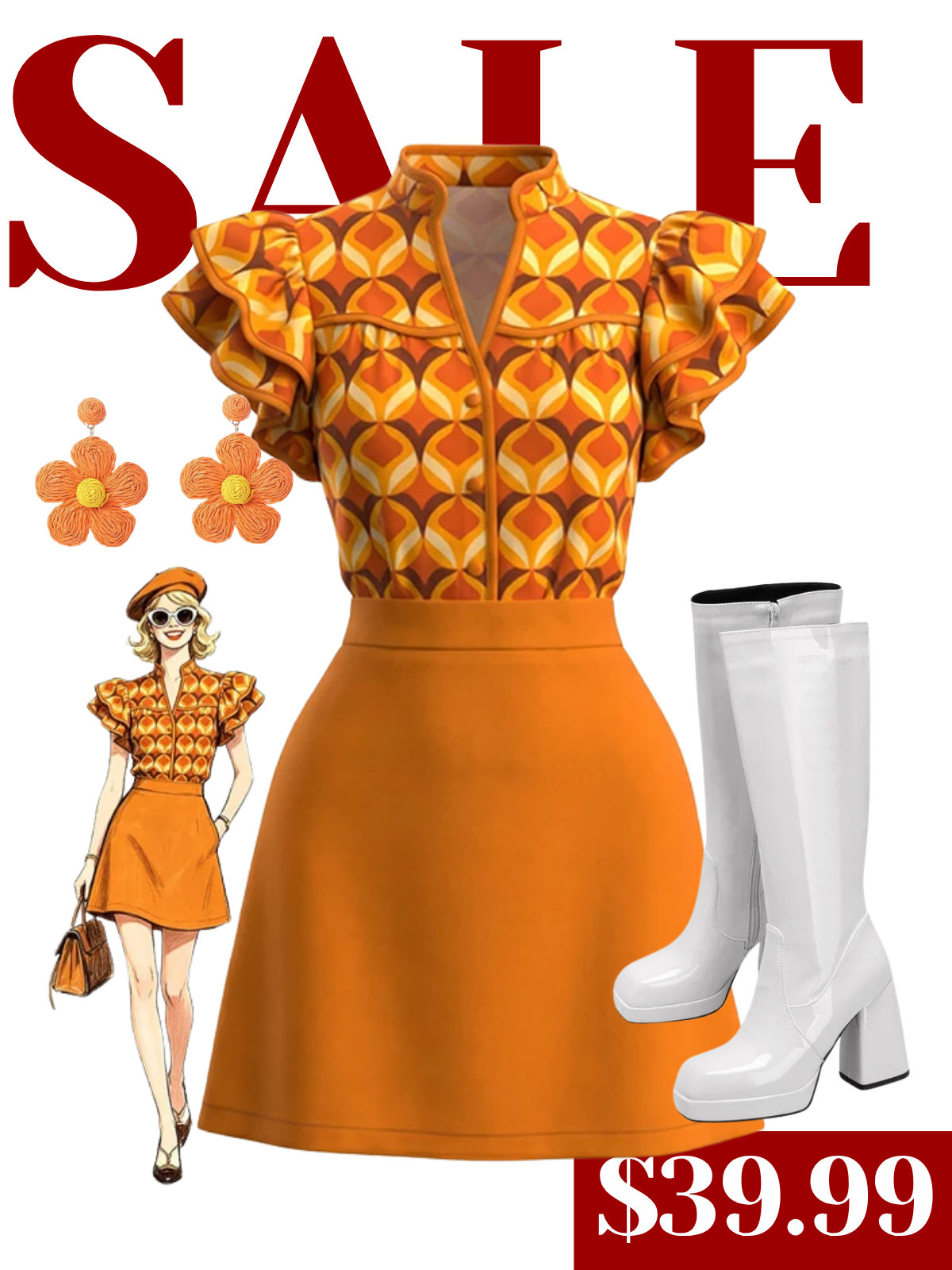 Orange 1960s Geometric Print Ruffle Stand Collar Dress