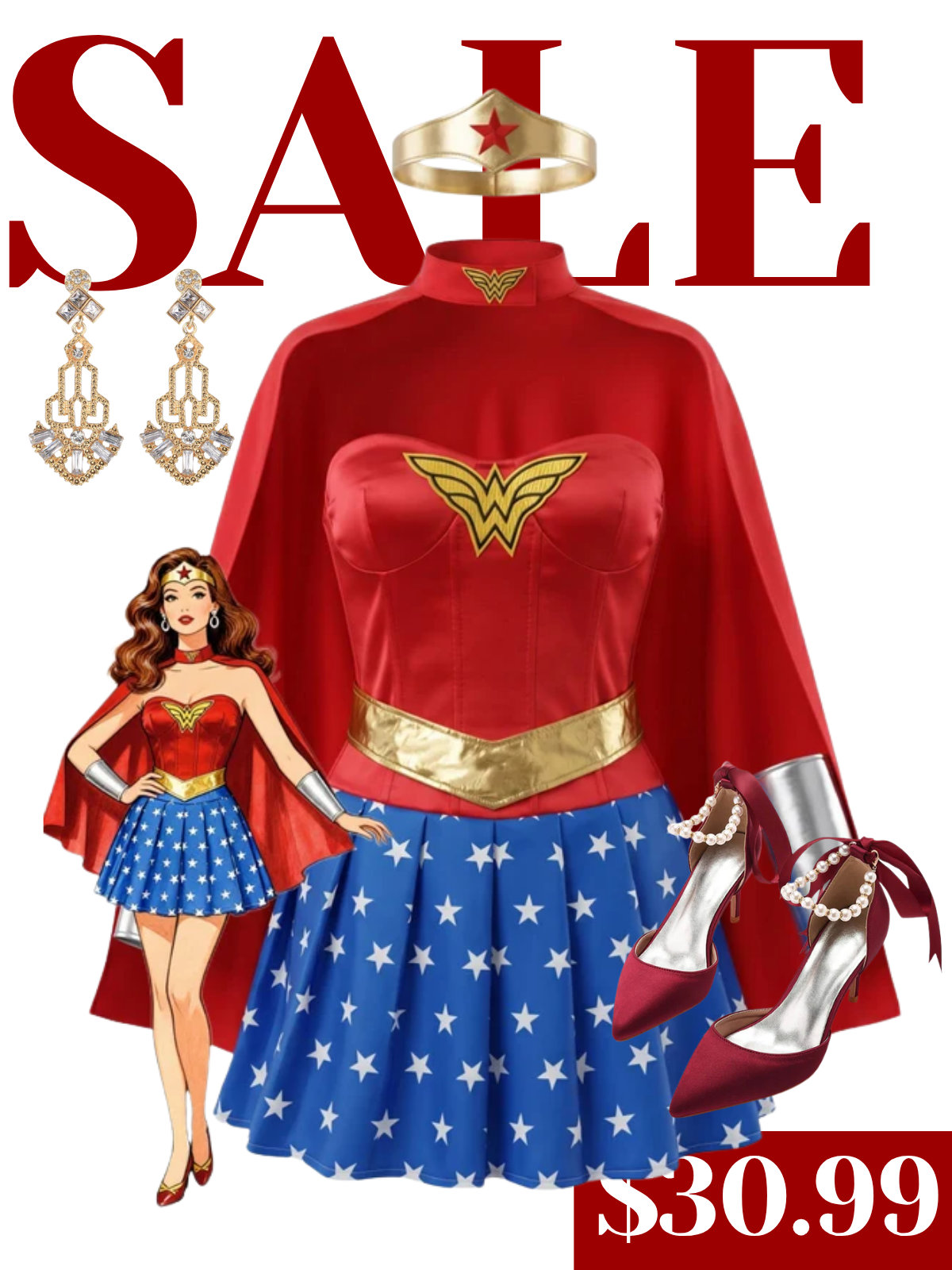 Multicolor 1980s Wonder Woman Complete Halloween Cosplay Costume