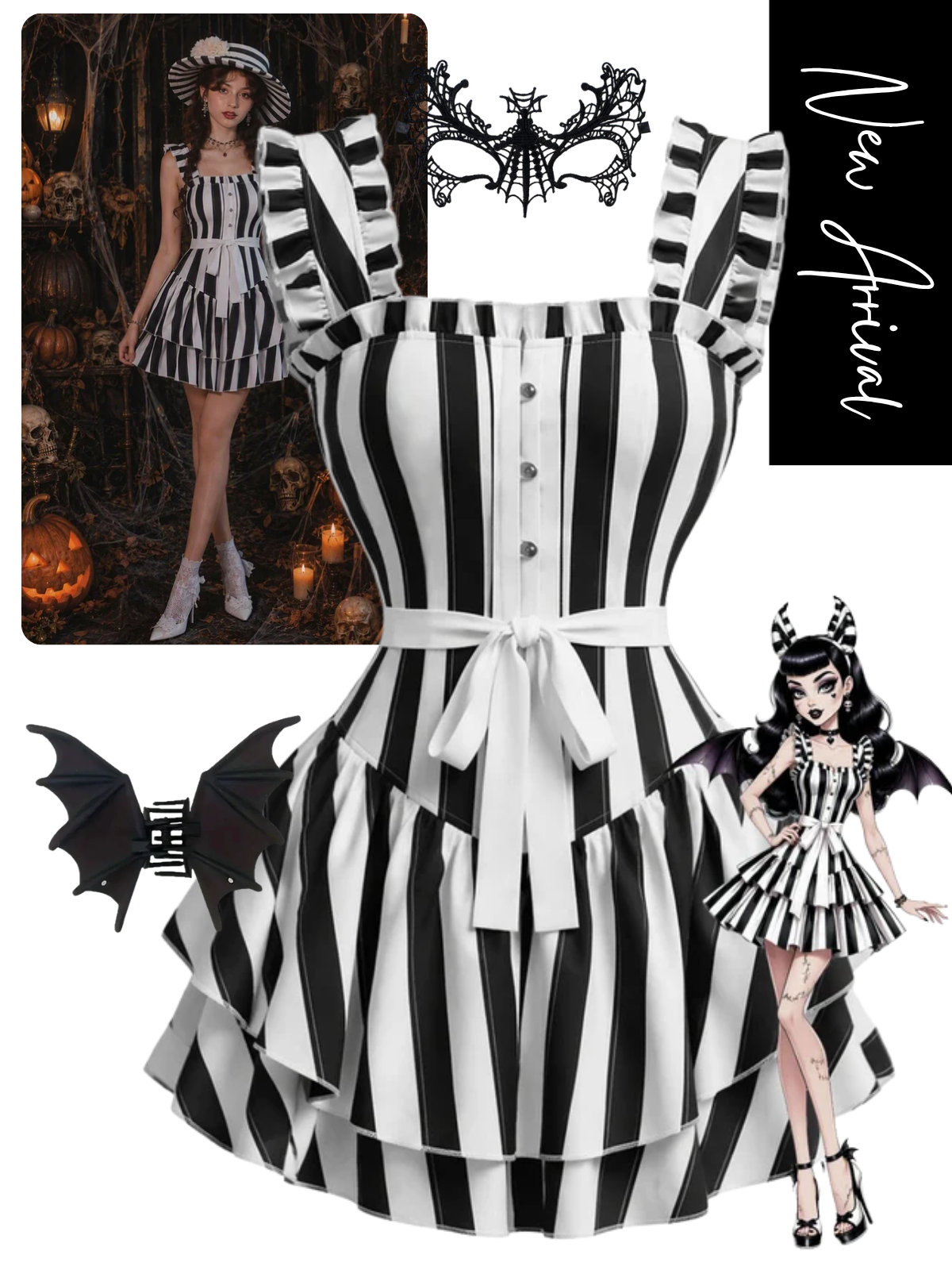 [Pre-Sale] Black & White 1950s Striped Tiered Ruffles Hem Dress