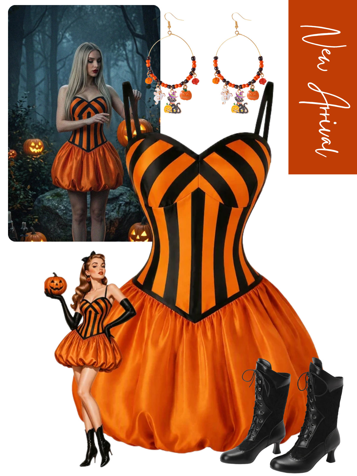 [Pre-Sale] Orange 1950s Halloween Pumpkin Stripe Spaghetti Strap Bubble Dress