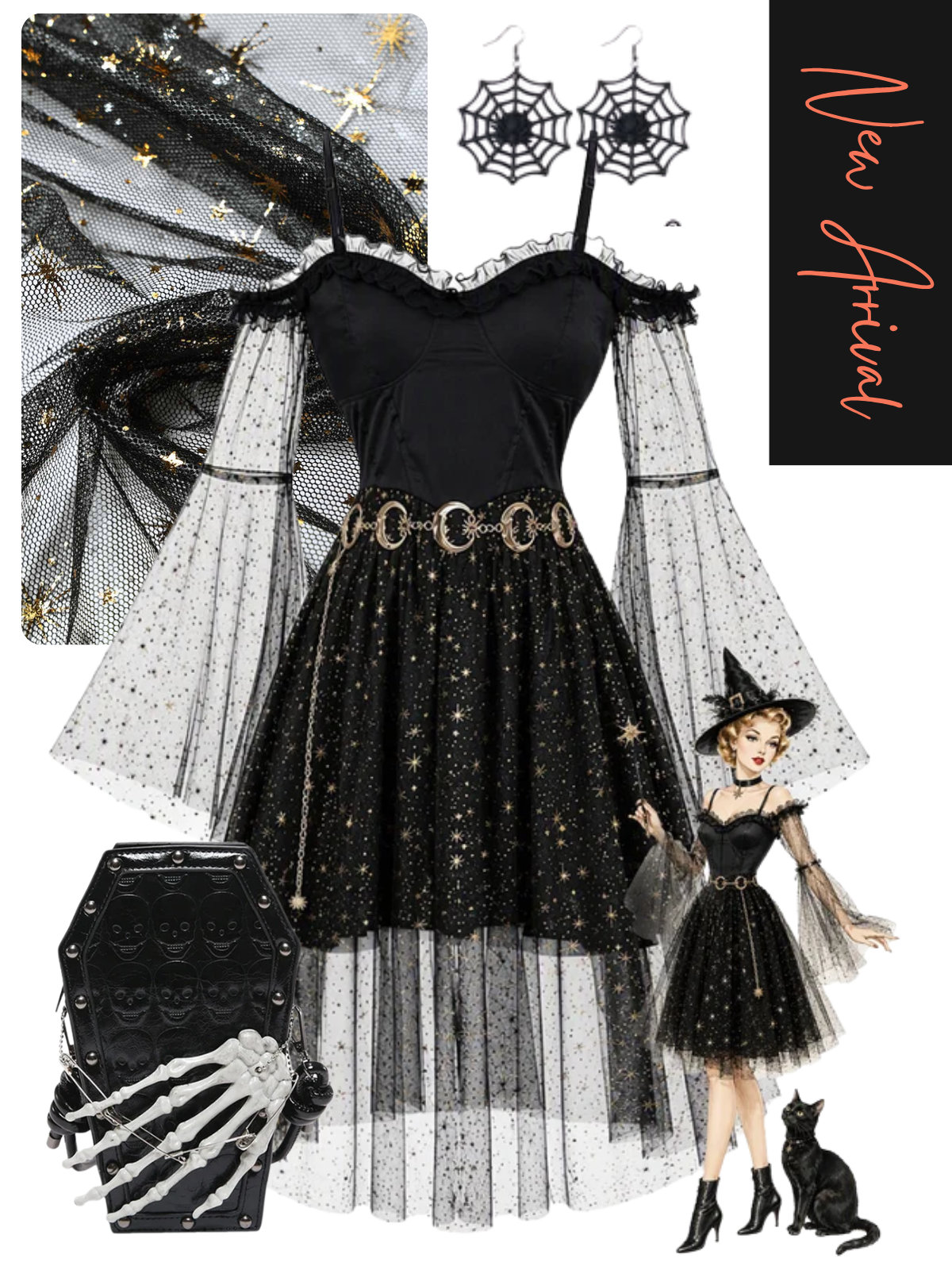 [Pre-Sale] Black 1950s Celestial Tulle Cold Shoulder Bell Sleeve Dress