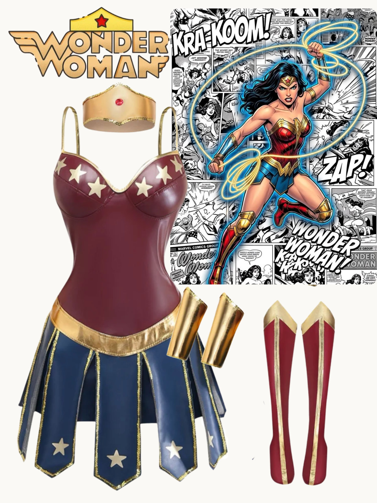 Multicolor 1980S Wonder Woman Superhero Star Cosplay Costume