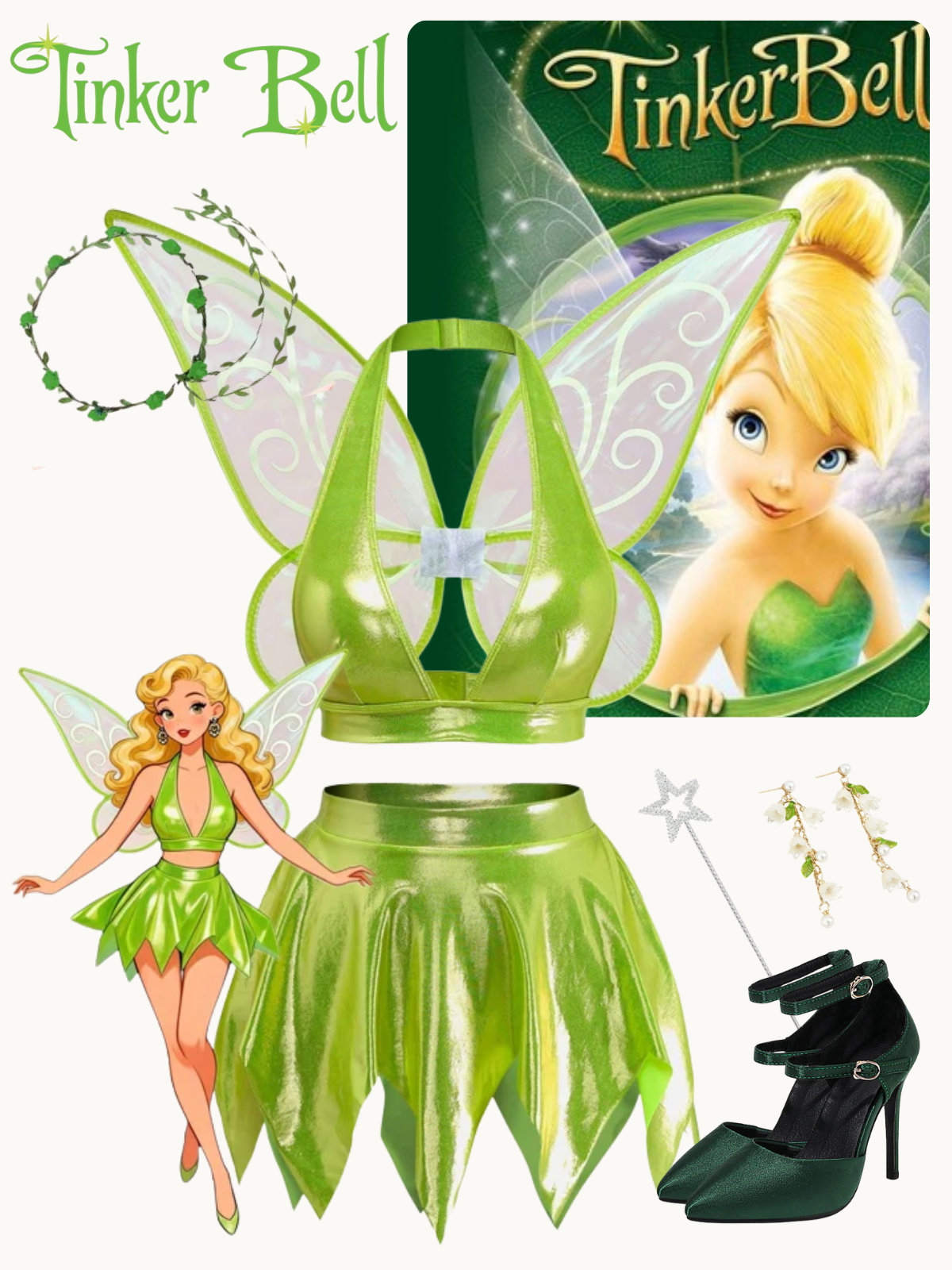 3PCS Green 1950s Fairy Princess Costume Set With Wings