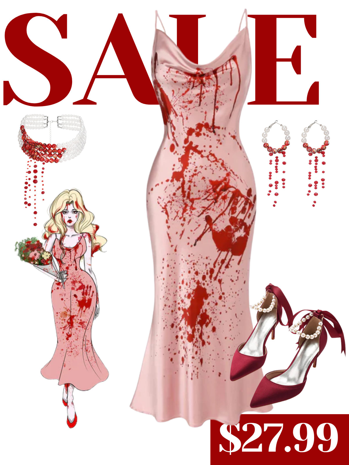 Pink 1930s Halloween Blood Fishtail Dress