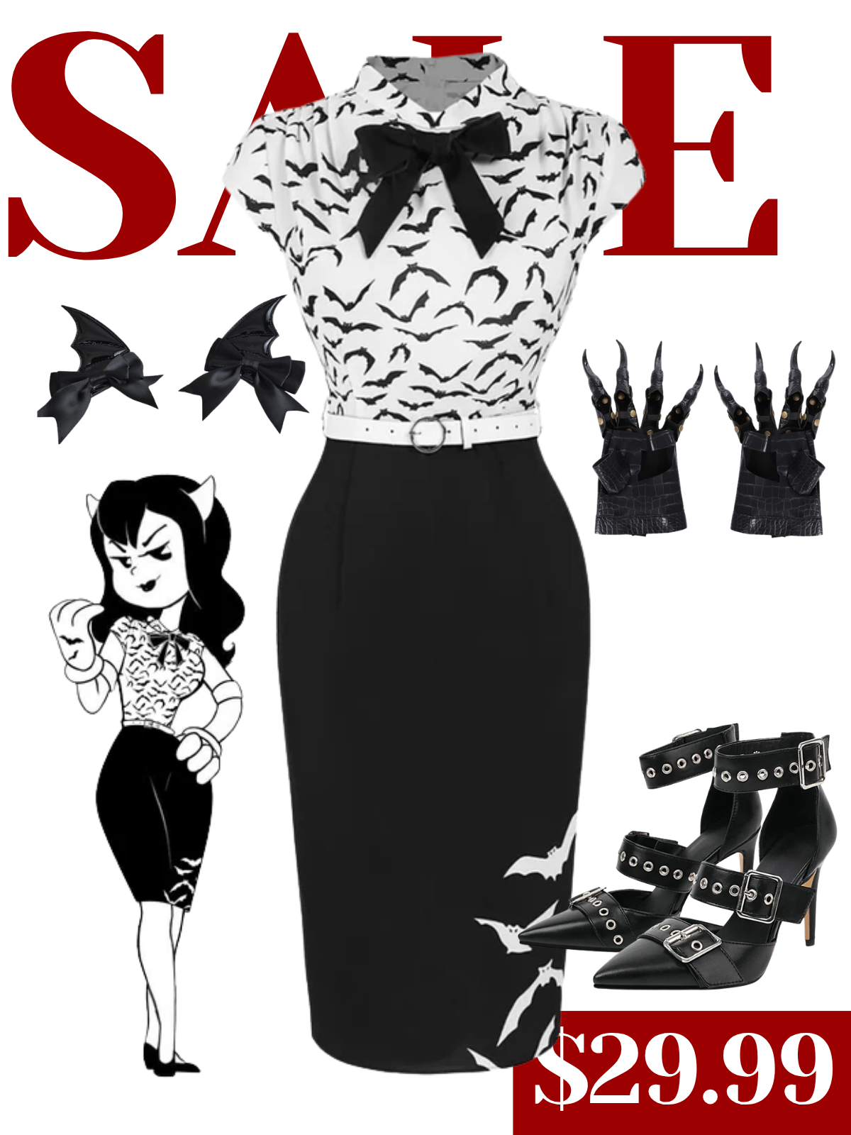 [Pre-Sale] Black 1960s Bats Bow Lapel Pencil Dress