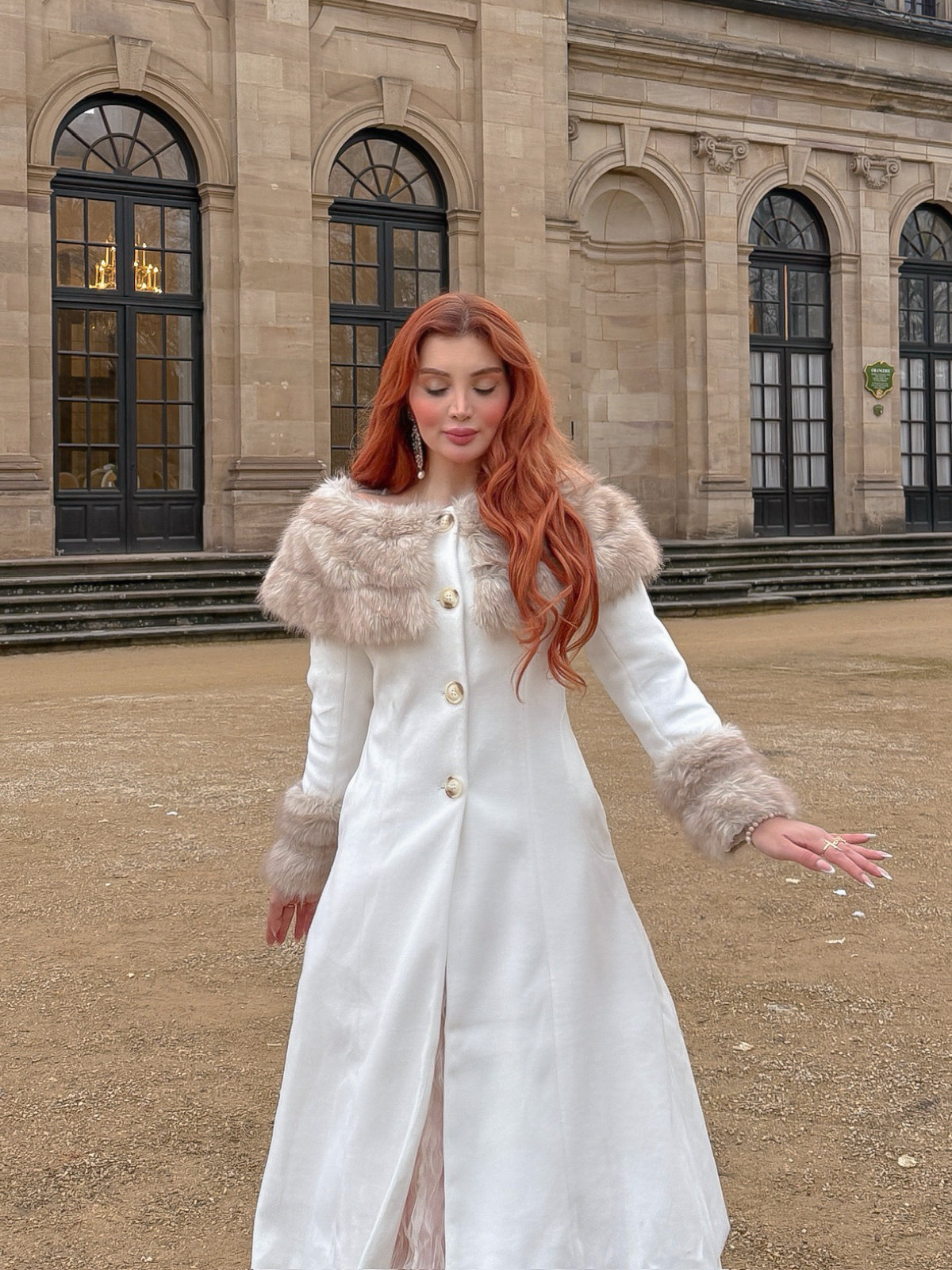 Cream 1950s Multi-Layer Fur Collar Patchwork Coat