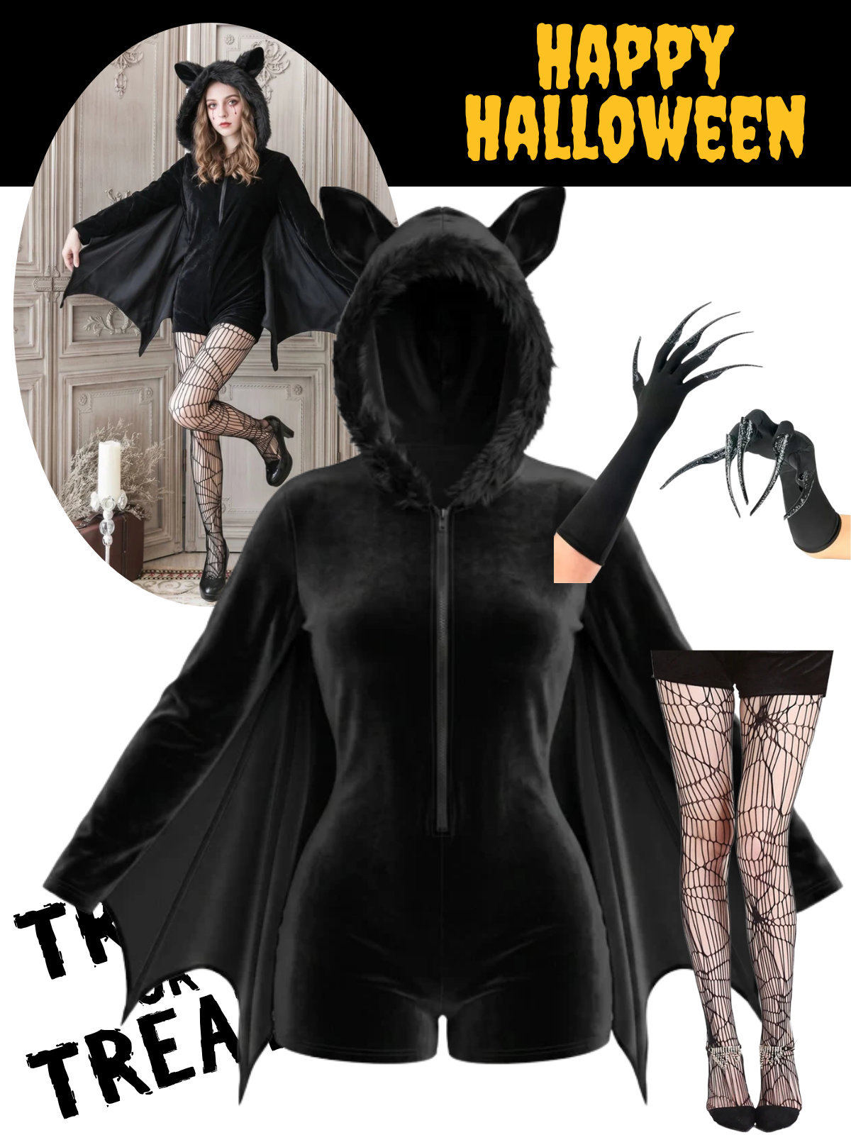 Black 1960s Halloween Bat Wing Hooded Velvet Romper