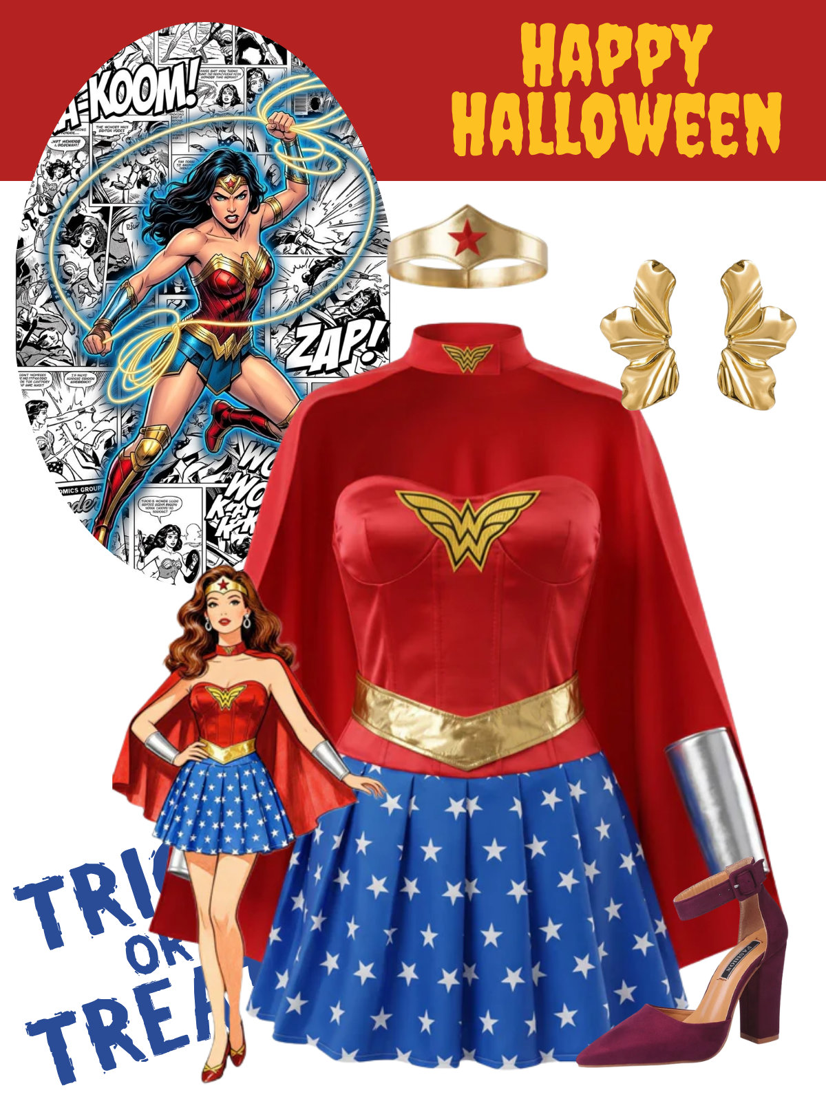 Multicolor 1980s Wonder Woman Complete Halloween Cosplay Costume