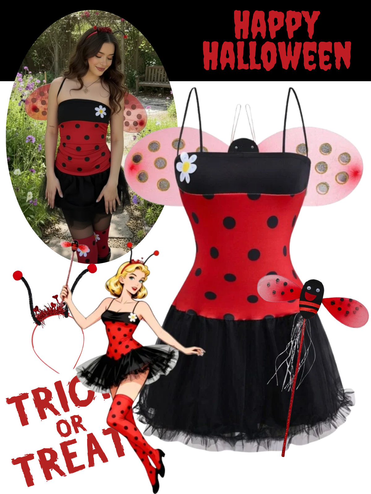 Red 1960s Miraculous Ladybug Cosplay Costume Set