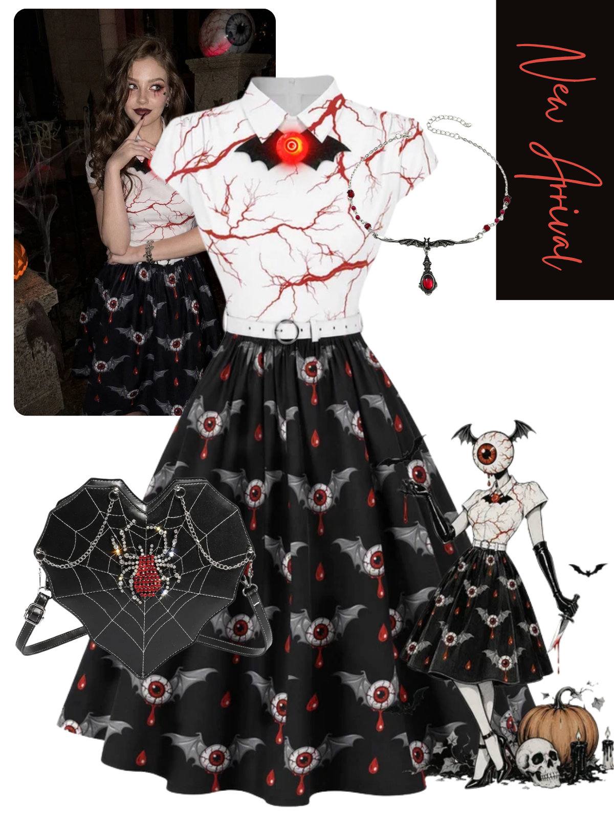 [Pre-Sale] Black 1950s Halloween Bloody Eyeball Bat Dress