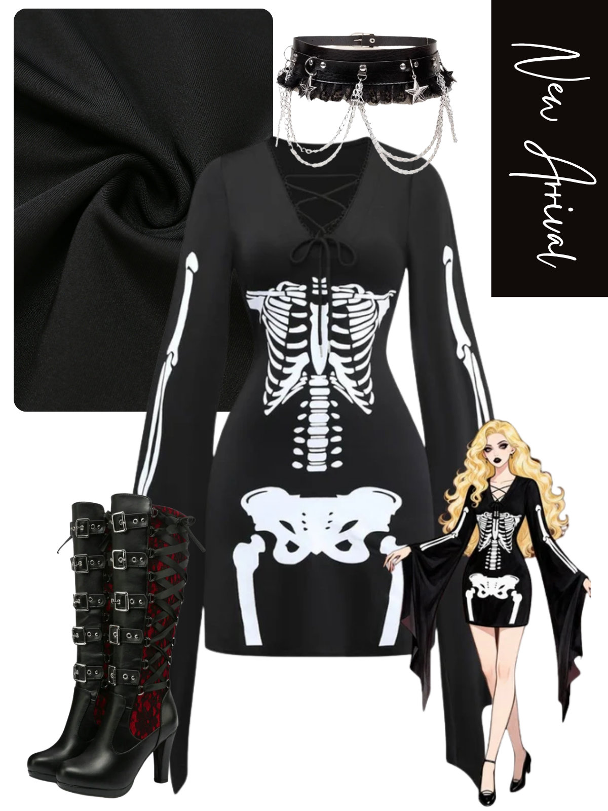 [Pre-Sale] Black 1970s Gothic Skeleton Lace-Up Bell Sleeves Dress