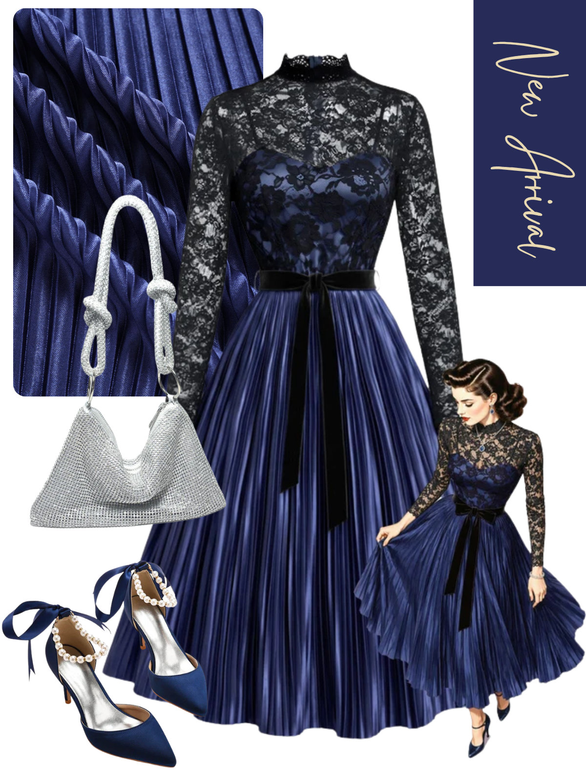 [Pre-Sale] Royal Blue 1950s Sheer Lace Bodice Pleated Dress