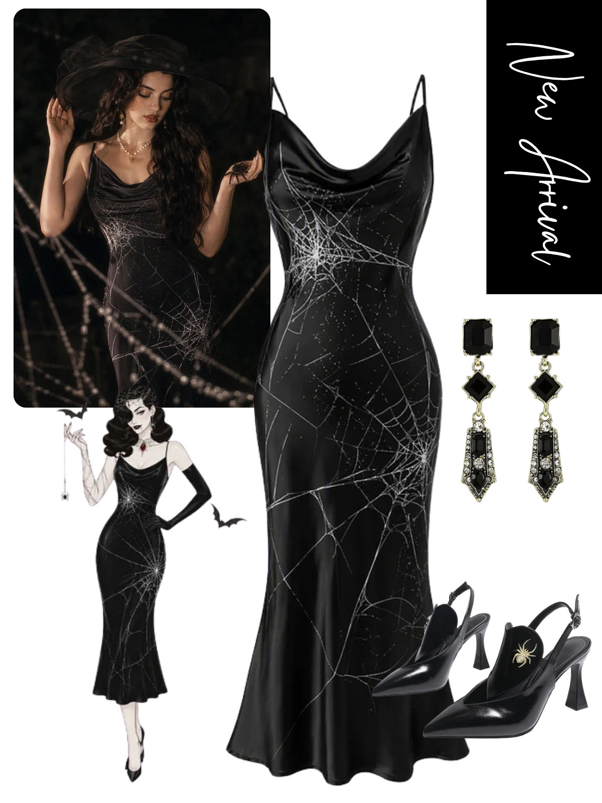 [Pre-Sale] Black 1930s Satin Spider Web Cowl Neck Maxi Dress