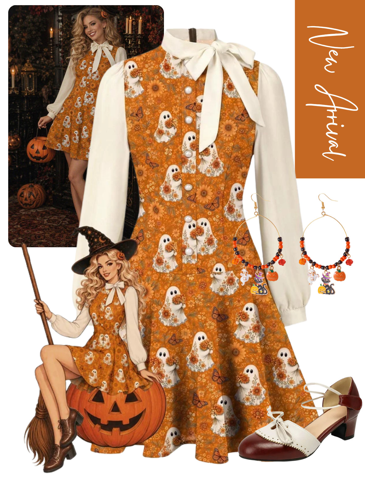 [Pre-Sale] Brown 1960s Halloween Ghost & Floral Bow Tie Button Dress