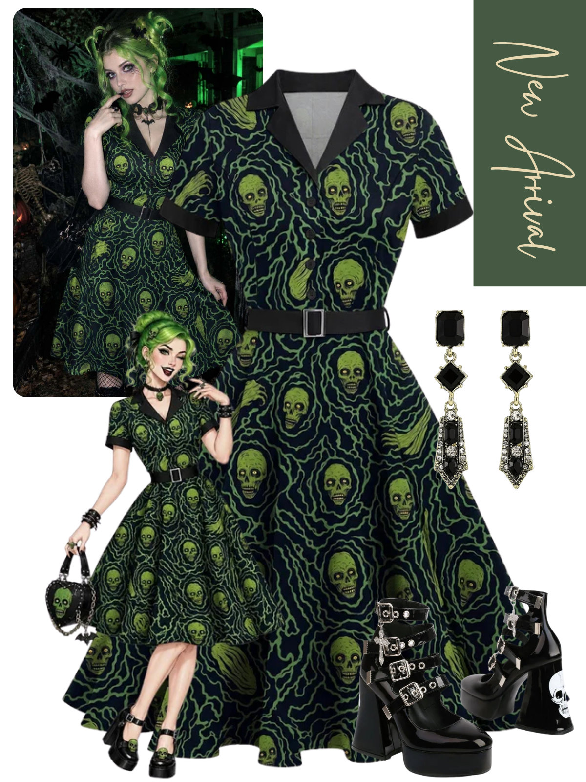 [Pre-Sale] Green & Black 1950s Halloween Skeleton Swing Dress
