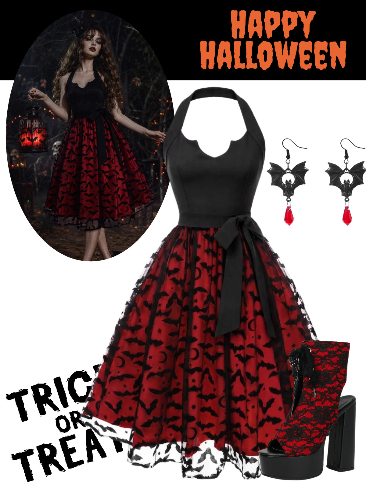 [Pre-Sale] Red & Black 1950s Halter Halloween Bat Tulle Bow Dress