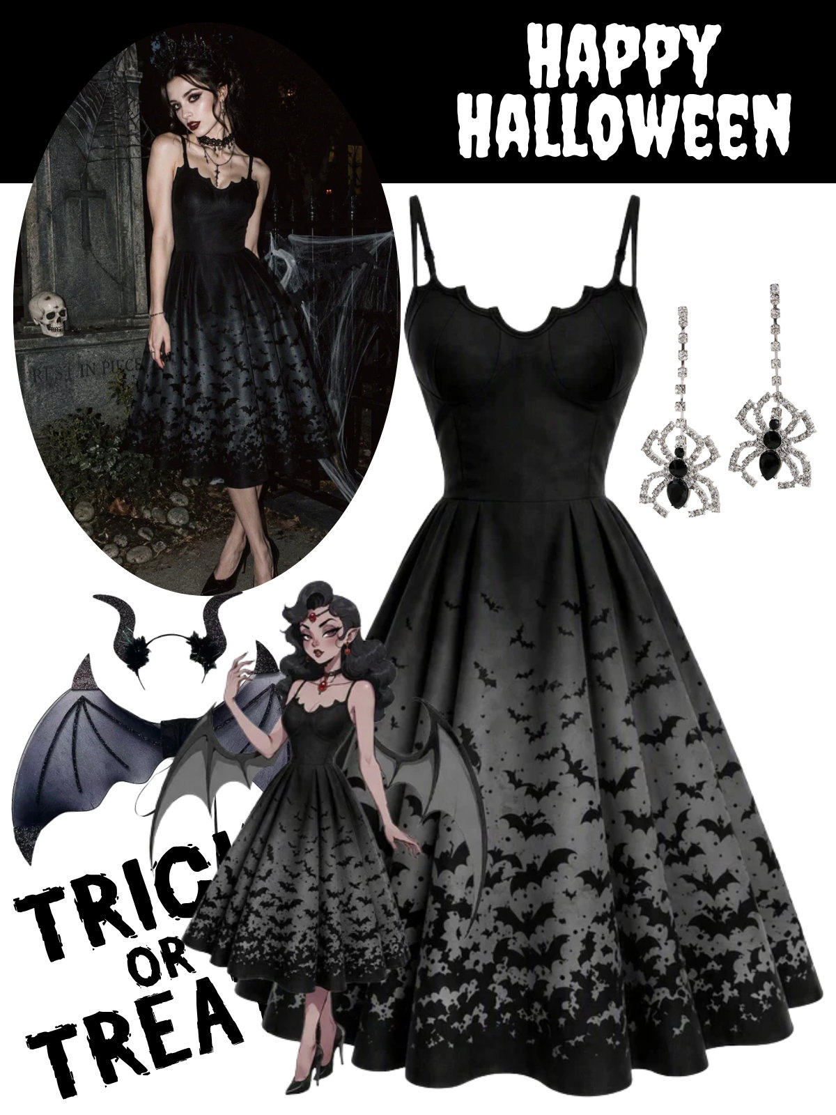 [Pre-Sale] Black 1950s Bat Gothic Spaghetti Strap Swing Dress