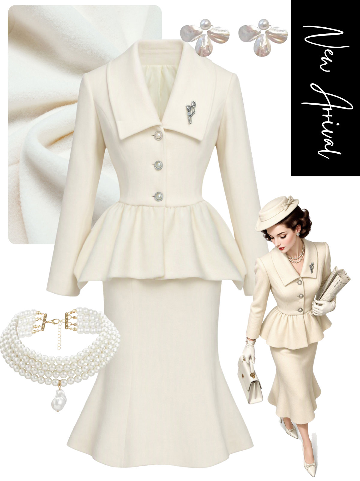 [Pre-Sale] 2PCS 1940s Solid V-Neck Waist Button Coat & Mermaid Skirt