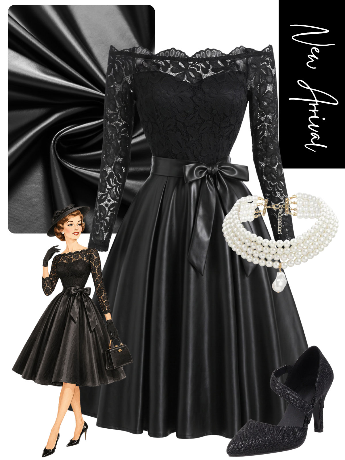 [Pre-Sale] Black 1950s Lace Off-Shoulder Bow Waist Dress
