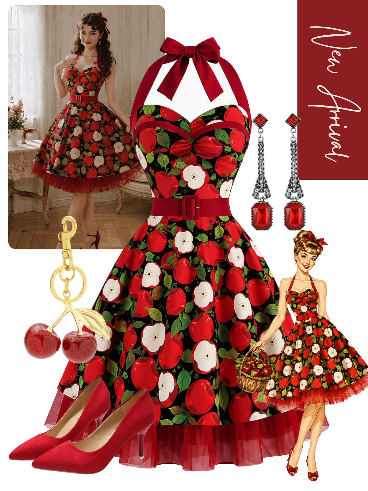 [Pre-Sale] Red 1950s Apple Print Halter Belt Swing Dress