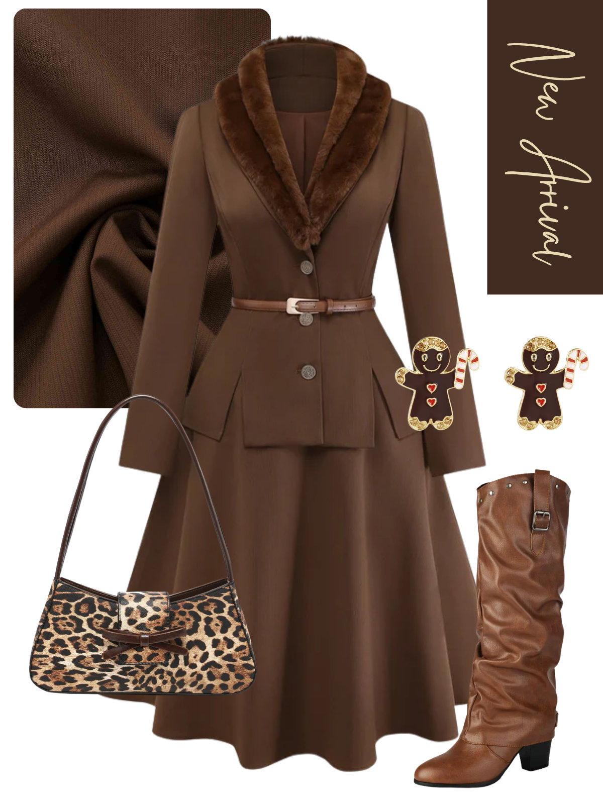 [Pre-Sale] 2PCS Brown 1940s Double Faux Fur Collar Jacket & A-Line Skirt