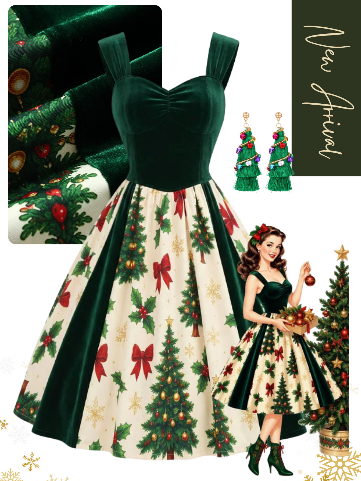 [Pre-Sale] Green 1950s Velvet Christmas Tree Print Dress