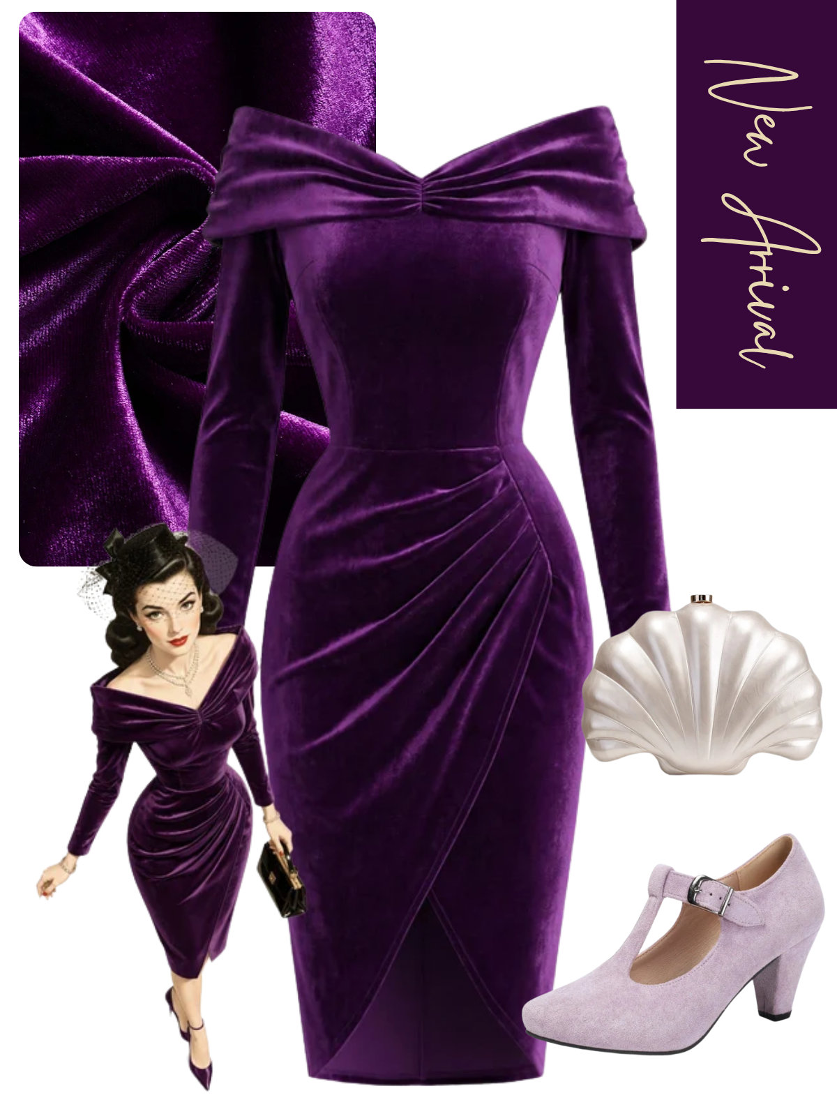 [Pre-Sale] Purple 1960s Velvet Off-Shoulder Bodycon Dress