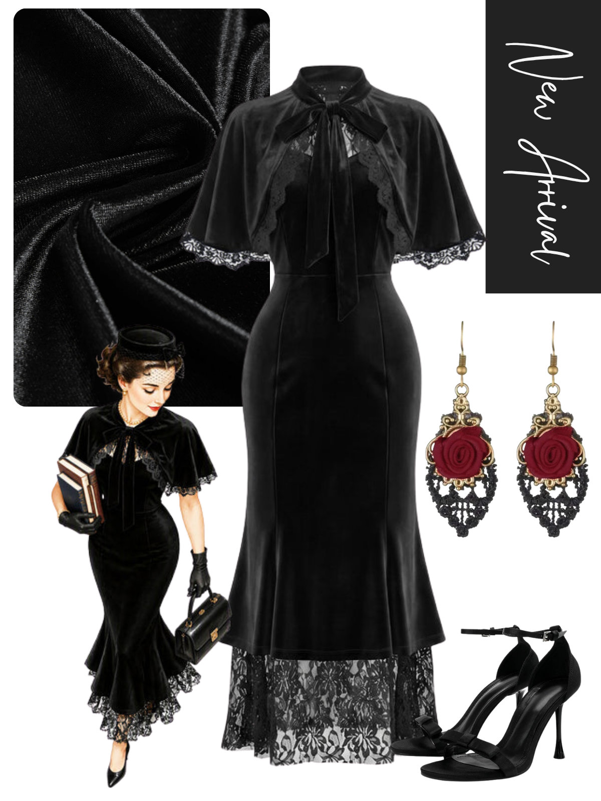 [Pre-Sale] Black 1930s Lace Patchwork Velvet Mermaid Dress with Ruffled Cape